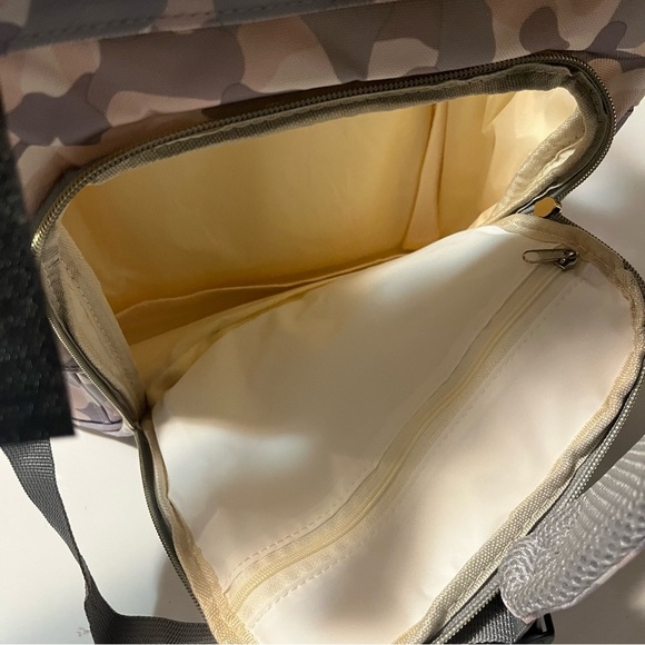 Shiada brand diaper bag backpack with a camouflage pattern in grey, pink, &white - Picture 11 of 15